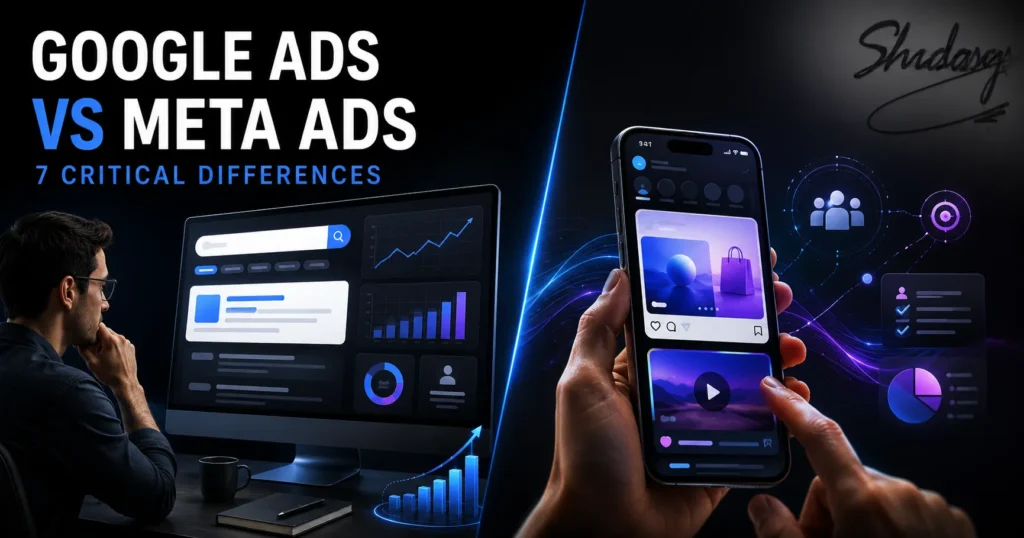 Business owner comparing Google Ads vs Meta Ads campaign strategies