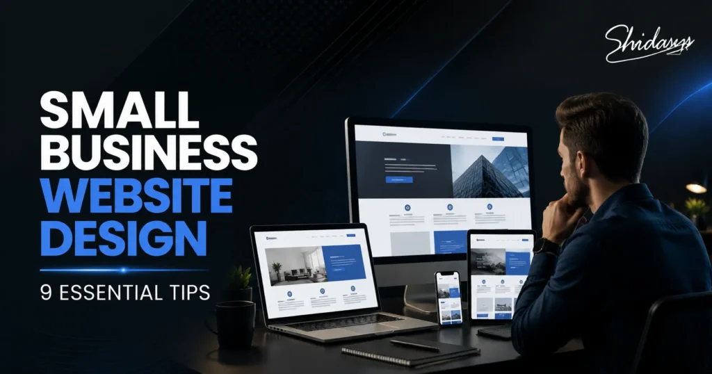 Business owner comparing small business website design options on multiple screens