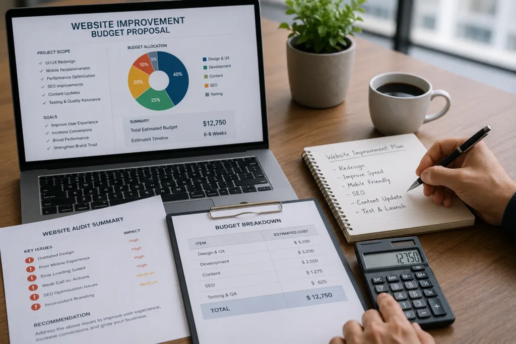 Business owner planning the budget for website design improvements and conversion optimization