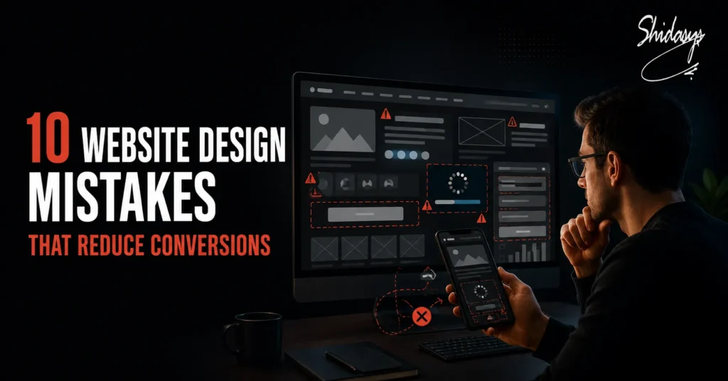 Business owner reviewing website design mistakes that reduce conversions