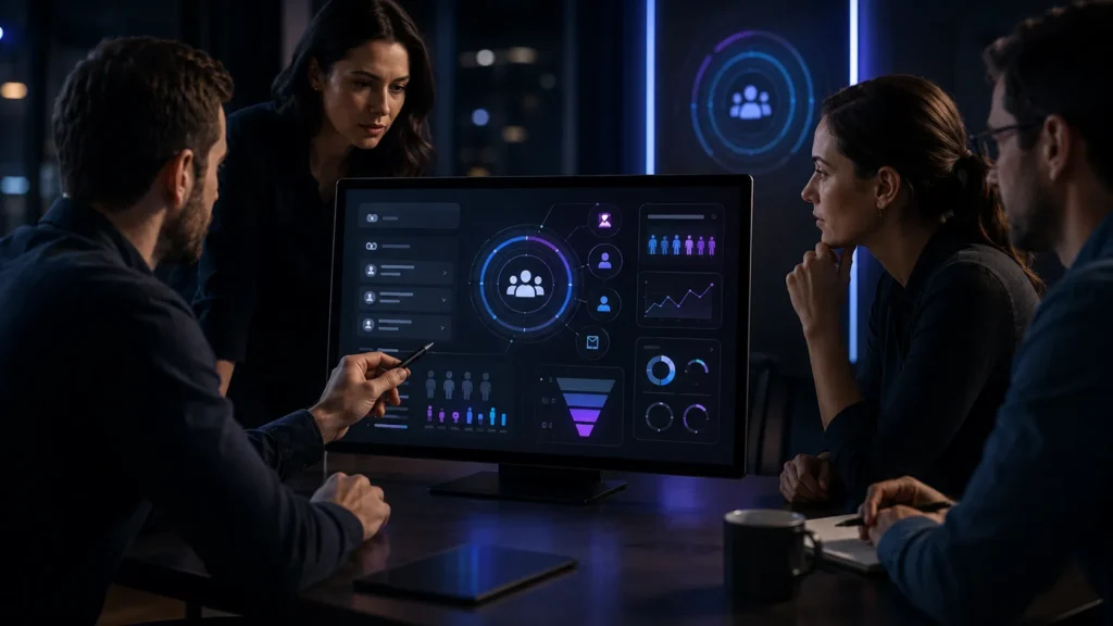 Digital marketing team reviewing audience targeting and campaign performance dashboard
