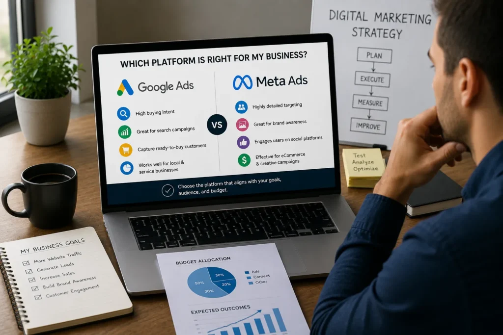Marketing analyst reviewing common mistakes in search and social advertising campaigns