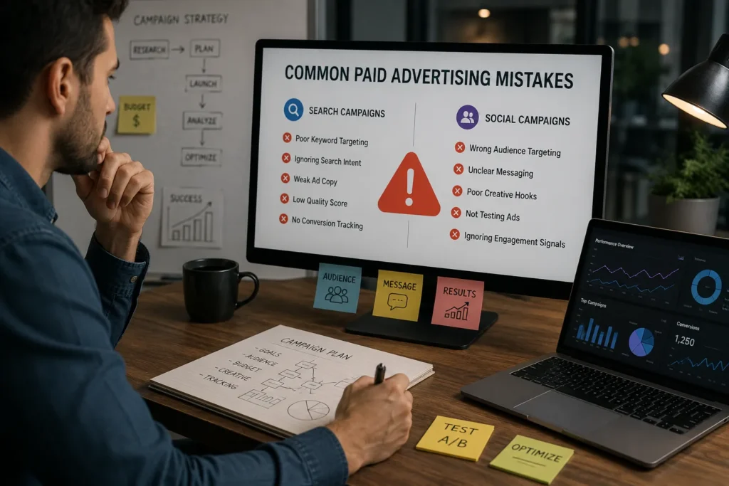 Marketing analyst reviewing common mistakes in search and social advertising campaigns
