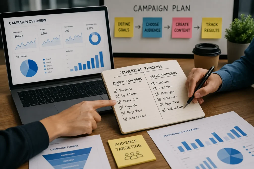 Marketing team planning conversion tracking for search and social advertising campaigns
