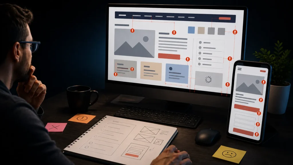 User reviewing website navigation, call-to-action, contact form, and mobile usability problems
