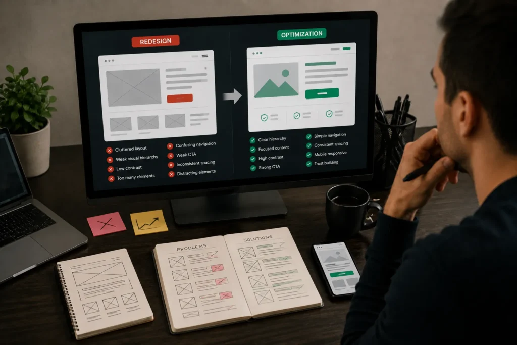 Web designer comparing website redesign and conversion optimization options using wireframes