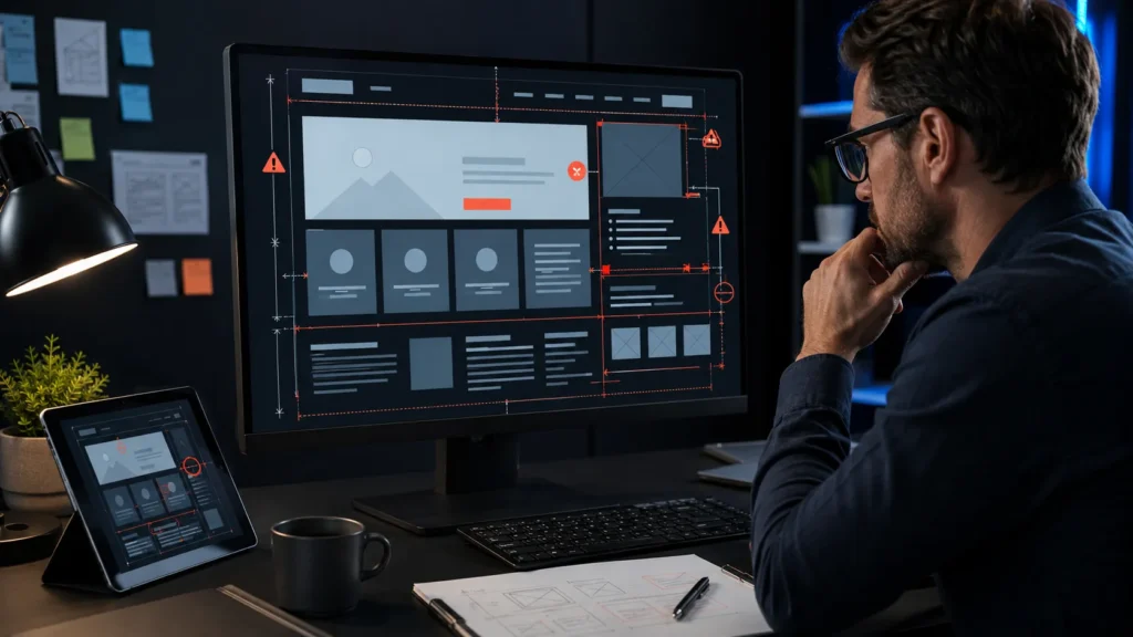 Web designer reviewing website visual hierarchy, typography, spacing, and text contrast issues