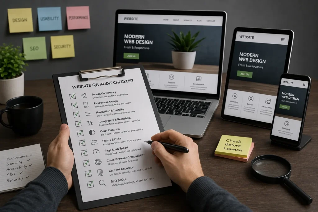Website quality assurance audit across desktop, tablet, and mobile devices before launch