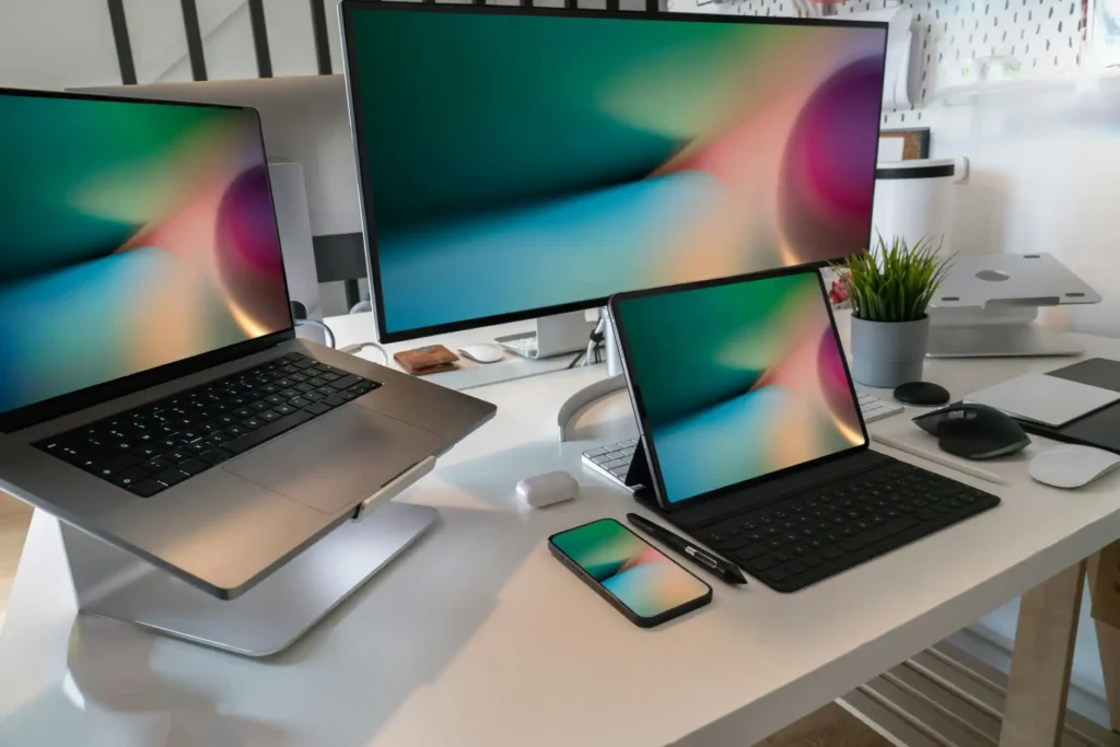 Desktop monitor, laptop, tablet and smartphone used for responsive website design testing
